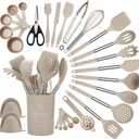 QMVESS Silicone Cooking Utensils Set, 28 Pcs Non-Stick Kitchen Utensils Set with Holder, 446F Heat Resistant Spatula, Tongs, Spoons Set with Stainless Steel Handle Kitchen Gadgets (Khaki)