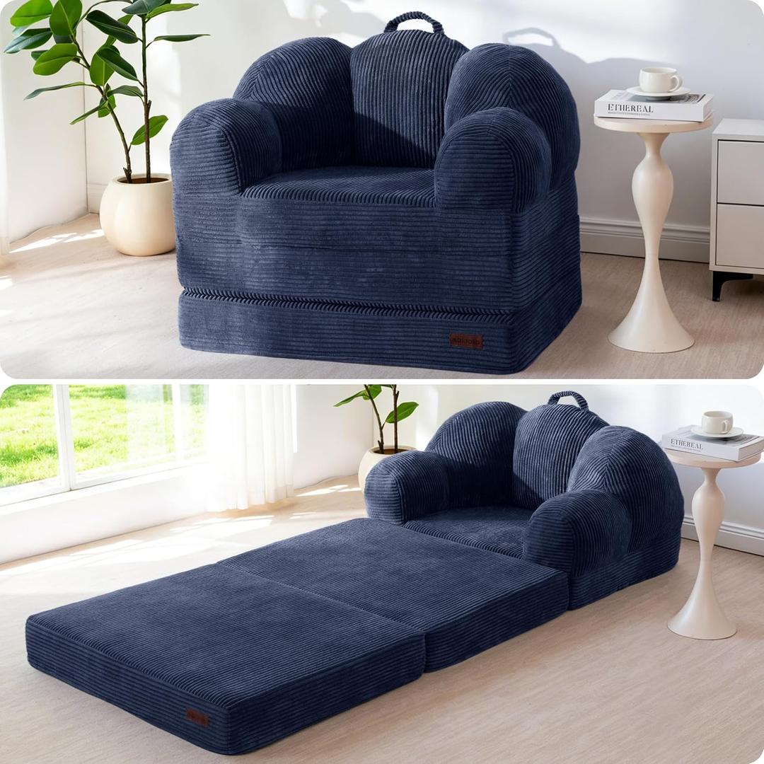 MAXYOYO Folding Sofa Bed, Floral-Shaped Convertible Floor Sofa Couch with Backrest, 2 in 1 Comfy Lounger Bean Bag Chair with Handle, Floor Single Couch for Living Room Bedroom, Navy