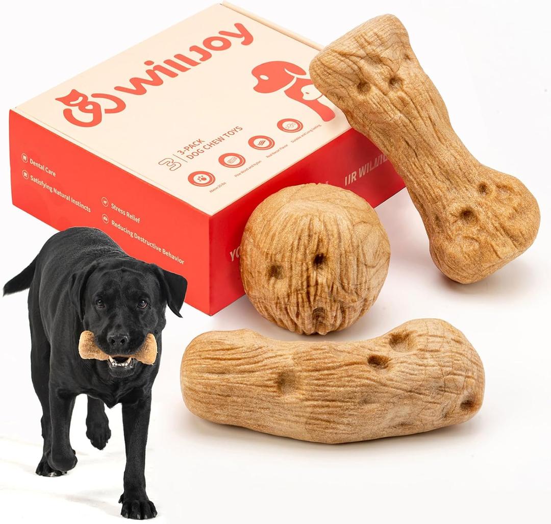 Willjoy 3-Pack Dog Toys for Aggressive Chewers, Chew Toys for Aggressive Chewers, Pine Wood & Nylon, Bacon Flavor Aggressive Chew Toys for Large Dogs, Long Lasting Dog Chews Alternative to Real Sticks (3-Pack DuraDumb/RollBall/CurveBone)
