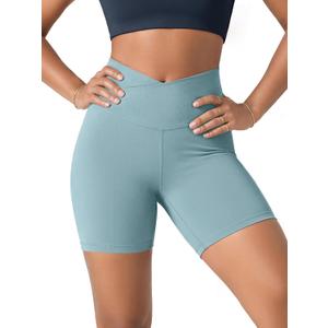 ODODOS Women's Crossover Yoga Shorts with Back Pocket, 6" Buttery Soft V High Waist Lounge Biker Shorts, Chambray, Large (L)