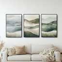 Large Framed Crystal Porcelain Wall Art for Living Room Bedroom Hallway Stair Office, Grey Green Mountain 3 Piece Landscape Canvas Prints Pictures with Metal Frame, Waterproof, 20x30 inch