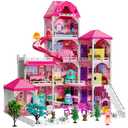 TEMI Villa Toys for 3 4 5 6 7 8 Years Old Girls - 4 Storeys 10 Rooms, Indoor Playset with 2 Dolls Figures, Furniture and Accessories, Pretend Girls Plays, Building Toys, Gifts