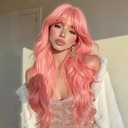 NOSTALGIA Pink Wig With Bangs Long Wavy Wigs for Women 26 Inch Curly Wavy Wig With Bangs skin-friendly synthetic fibersc for Women Girls Daily Party Chrismas Travel