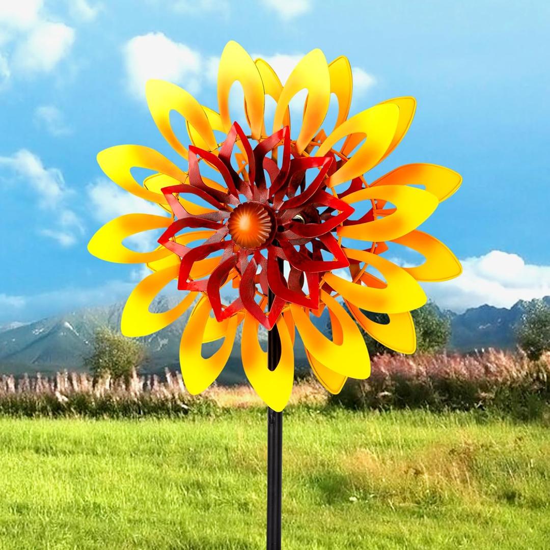 Sunflower Wind Spinners, 360 Degrees Swivel Metal Wind Sculptures, 62" Garden Pinwheels for Yard Lawn Patio Decor (Medium)