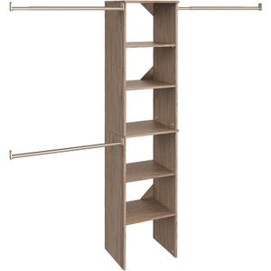ClosetMaid SuiteSymphony Wood Closet Organizer Starter Kit with Tower and 3 Hang Rods Shelves, Adjustable, Fits Spaces 4  9 ft. Wide, Natural Gray, 16"