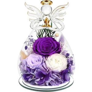 Gifts for Women Preserved Rose Forever Flower Eternal Roses in Glass Angel Figurines Fresh Flowers for Delivery Prime Mothers Day Birthday Gift for Mom Her Wife Grandma on Valentines Day Anniversary (Purple)