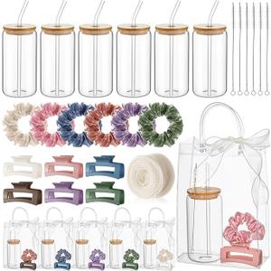 SiliFine 25 Pcs/6 Set Birthday Gifts for Girls, Macaron Birthday Gifts Party Supplies 6 Glass Cups 6 Hair Bands 6 Hair Clip 6 Tote Bags 1 Ribbon for Women Spa Sleepover Slumber Party Favor