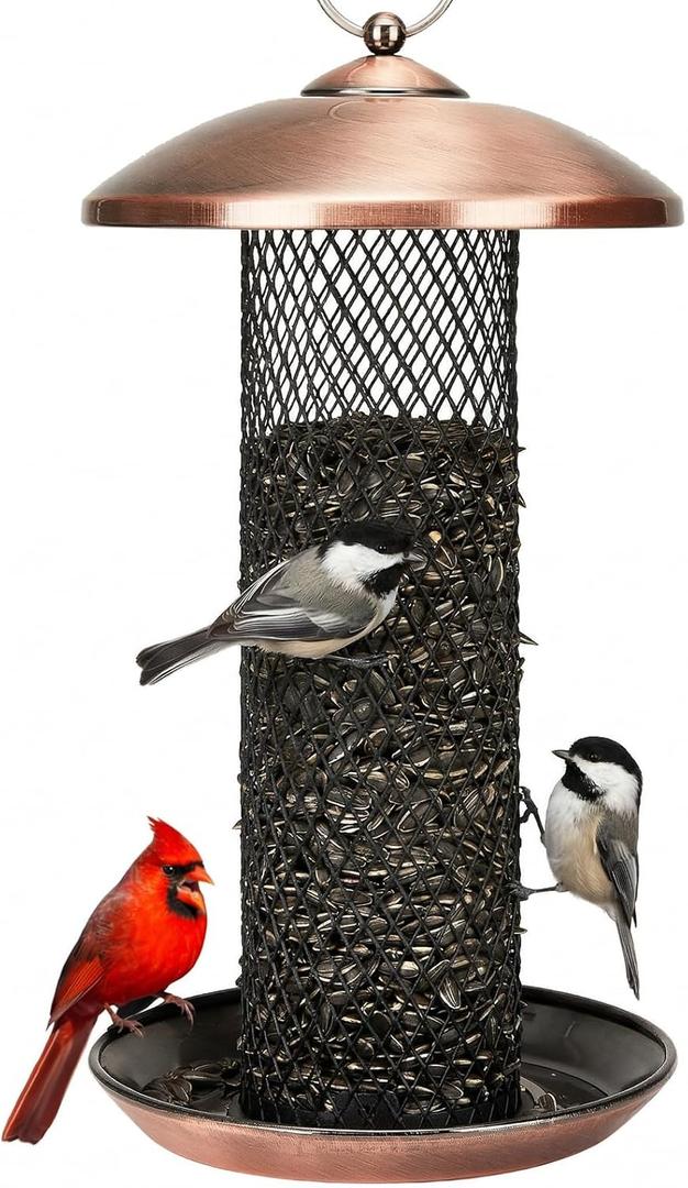 Kingsyard Mesh Tube Bird Feeders for Outdoors Hanging, All Metal, Wild Bird Feeder for Sunflower Seeds or Mealworm, Large Tray & Weatherproof Roof, 2.5 lbs Capacity (Antique Copper)
