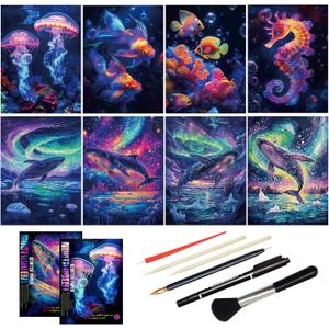 Scratch Art Adult DIY Paint by Scratch Rainbow Scratch Paper Art Colorful Sketches Scratch with 5 Scratch Tool for DIY Craft Gift Ocean World