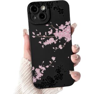 NITITOP Compatible with iPhone 15 Case Cute Aesthetic Cherry Blossom Pattern Design for Women Girls Soft TPU Shockproof Full Camera Protective Phone Cover - Black Pink