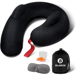 Patented Design Inflatable Travel Neck Pillow  Airplane Neck Pillow with 360 Head & Neck Support, Soft Washable Velvet Cover, Compact Neck Support Pillow for Airplane,Train,Car,Office & Home (Black) (Standard)