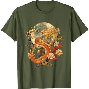 Crimson Lunar Floral Dragon Art Noveau T-Shirt 2XL