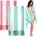 Genovega 2 Packs Oversized Turkish Beach Towels 74"x38" Thin Quick Dry Sand Free Pool Swim Bathing Towel Extra Large Travel Blanket Adult Essentials Accessories Summer Vacation Pink LightGreen Stripe