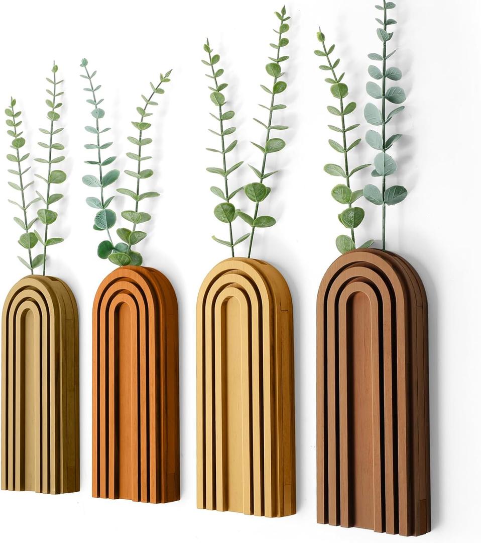 4 Pack Boho Wood Hanging Planters - Indoor Wall Decor Plant Holders for Modern Farmhouse Living Room Bedroom Rainbow Decor (Mixed Colors)