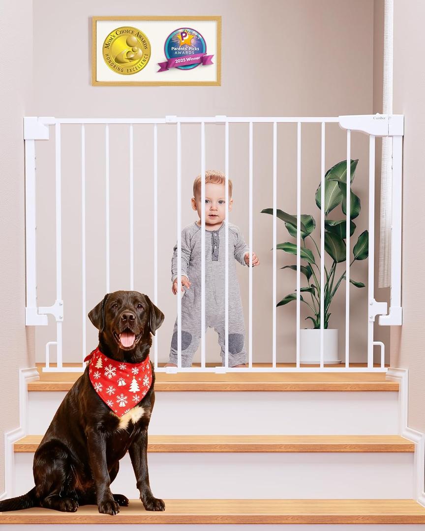 Cumbor 29.2–43" Baby Gate for Stairs, Wall-Mounted (Drill Required), Expandable No Bottom Bar Dog Gate, Auto Close Extra Wide Walk Thru, Pet & Toddler Proof Gate, Top & Bottom of Stairways (White)