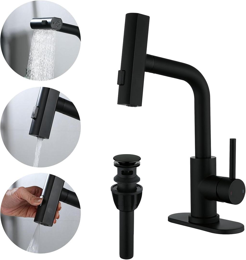 TRIPHIL Waterfall Bathroom Faucets with 3 Mode Pull Down Sprayer,Single Handle Modern Bath Sink Faucet with Pop Up Drain and Deck Plate,Matte Black 1 Hole RV, Bar,Restroom,Lavatory,Vanity Tap