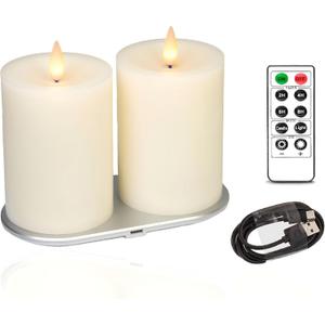Rechargeable Flameless Pillar Candle with Remote Timer, 3D Moving Flame Real Wax Led Pillar Candles (Ivory, 3''x4'')