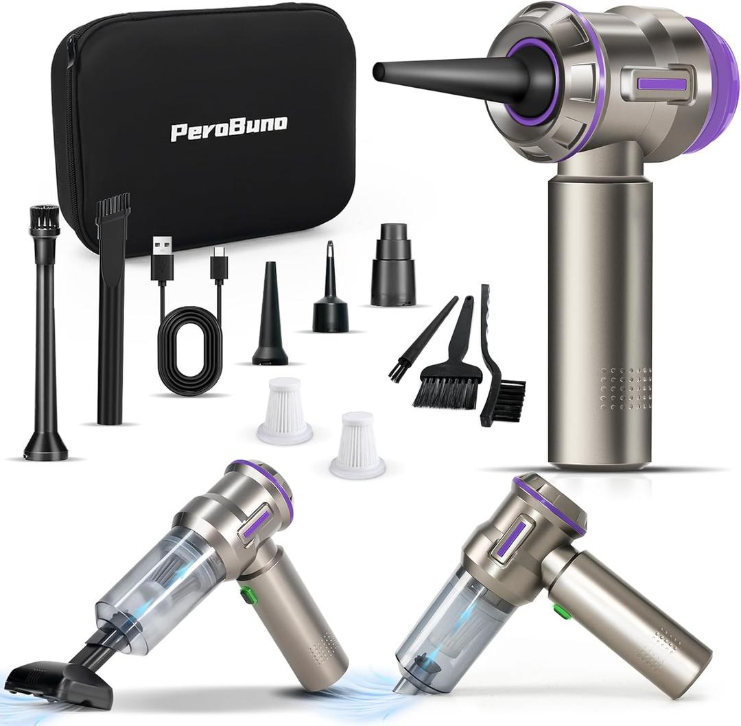 PeroBuno Air Duster for PC, 200000RPM Compressed Air, Mini Vacuum 2-in-1, 35 mins Runtime, Brushless Motor Electric Air Blower with 3 Gear and Rechargeable Battery - Canned Air - Keyboard Cleaner