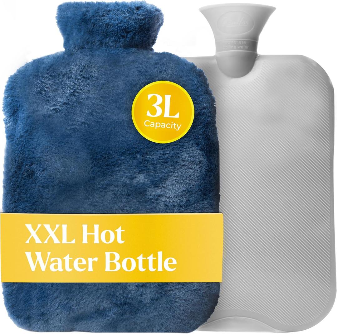 Qomfor XXL Large Hot Water Bottle with Faux Fur Cover  Cozy 3L Hot Water Bottle for Bed Warming, Pain Relief, Cramps & Back Pain  Durable, Safe, & Long-Lasting Water Hot Bottle for Sleeping (Blue)