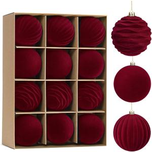 Waipfaru 12Pcs Velvet Christmas Ornaments Balls, 3.15 Inch Burgundy Red Christmas Ornaments Balls Set, Large Shatterproof Flocked Hanging Velvet Ornaments for Xmas Home Decor