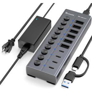 Powered USB Hub, 10-Port USB C Hub with 6 USB-A 3.2, 4 USB-C 3.2 Ports, Individual Switches and 12V/5A Power Adapter, Aluminum USB Extension for MacBook, Laptop/PC and More.
