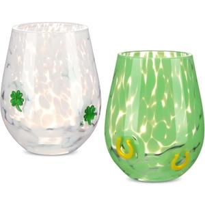 Mimorou 2 Pcs Icon Juice Glass for Irish 14 Ounce Shamrock Lucky Clover Themed Drinking Cocktails Glasses for Party, Double Old Fashioned Reusable Cups for Home Bar Decor Lovely Gifts