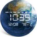 Digital Wall Clock, LED Moon/Earth Design, Temperature Display, 7.87 x 7.87 inches (Earth, 12.59 INCH)