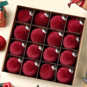 Christmas Tree Ornaments 3.2 inch Velvet Christmas Balls Xmas Hanging Balls Velvet Shatterproof Xmas Hanging Ornaments for Holiday Family Home Store Indoor Decor, 16 pcs,Wine Red
