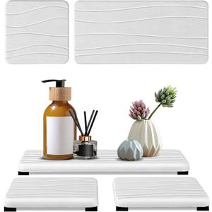 3PCS Water Absorbing Stone Tray, Fast Drying Stone Sink Tray, Stones Soap Trays, Water Absorbent Diatomite Trays, Diatomite Coasters for Kitchen Sink Bathroom Counter, Hand Soap Dish & Holders (1pcs 2110cm + 2pcs 1010cm White Wave)