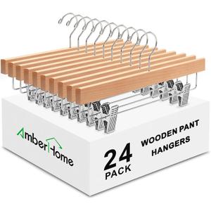 Amber Home 24 Pack Natural Wooden Pants Hangers with Clips, Wood Skirt Hangers Trouser Hangers for Jeans, Slacks, Shorts with 2-Adjustable Clips