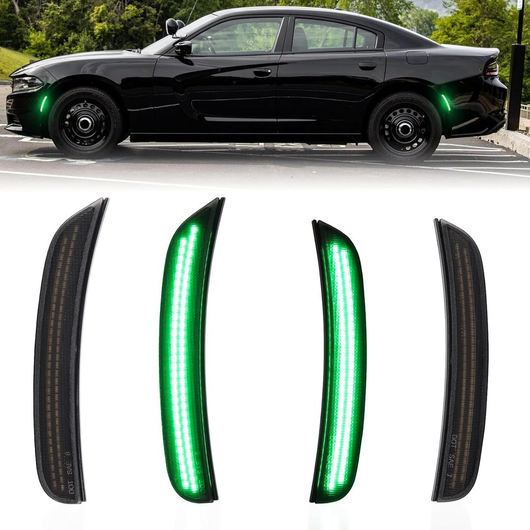 Green LED Side Marker Light for Dodge Charger 2015-2025 Front Rear Bumper Lights Bumper Marker Lamp Kit 4PCS Smoked Lens