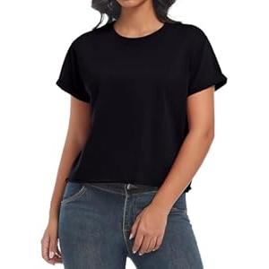 Nfsion Women's Summer Casual Workout Shirts Loose Fit Basic Short Sleeve Crop Tops Baggy Gym Yoga Athletic Tee, XX-Large Black