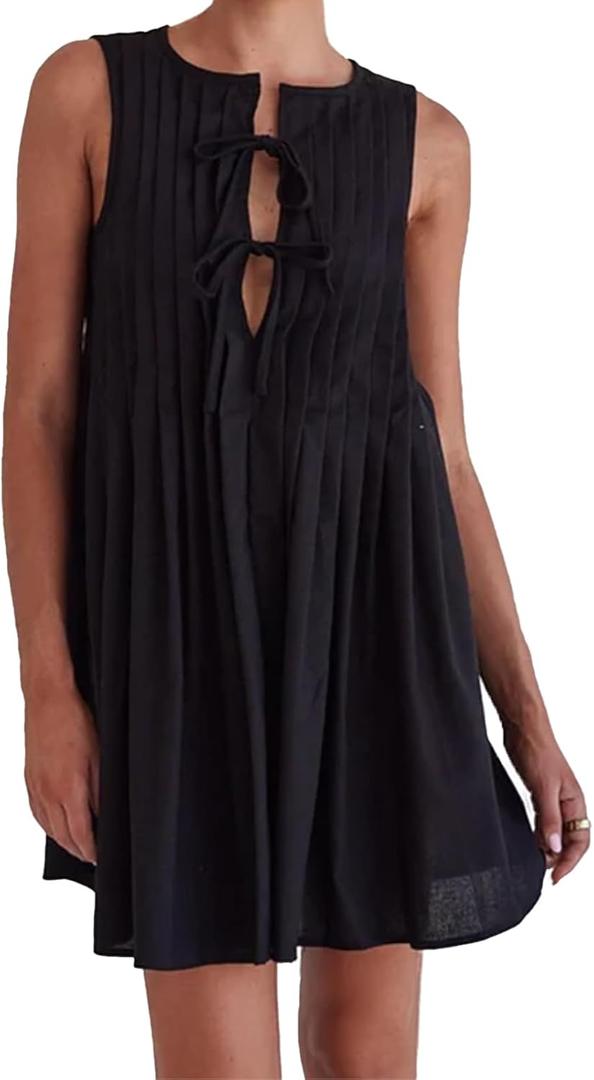 Vestidos de Verano para Mujer 2025,Summer Dresses for Women Casual Sleeveless Tie Front Pleated Loose Short Dress Black