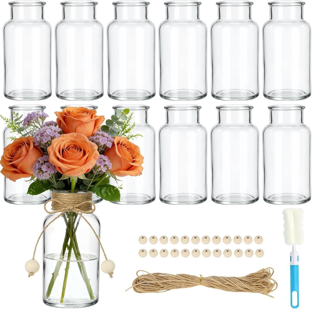 TBWIND Vintage Glass Flower Vase, 12PCS Farmhouse Mason Jar Vases for Centerpiece Clear Bud Vases in Bulk with DIY Accessories for Wedding Party Table Decorations Home Decor