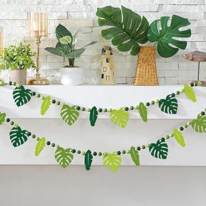 Chunful 2 Pcs Tropical Monstera Garland 6.56 ft Wood Palm Leaf Beads Banner Summer Hanging Garland for Hawaiian Luau Jungle Party Wall Fireplace Shelf Mantle Display Farmhouse Decor Home Supplies