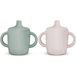 KIDSco. Silicone Sippy Cups (2 Pack)  Soft Spout & Easy Grip Handles for Babies 6+ months, Plastic Free, Toxic Free Silicone, Leak-Resistant, Dishwasher Safe (Green and Sandy Shore)