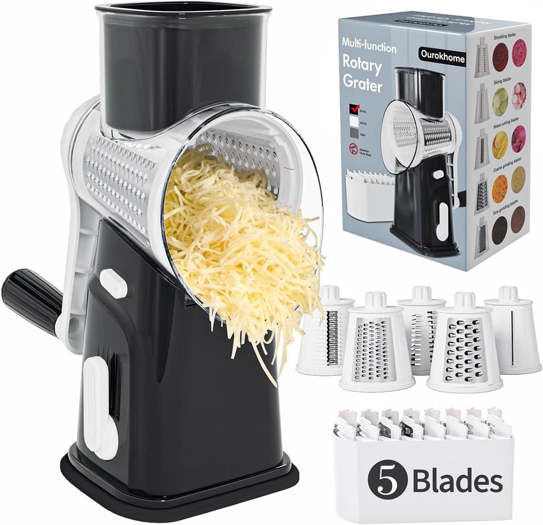 Ourokhome Cheese Grater Hank Crank Cheese Shredder, Mandoline Vegetable Slicer with 5 Interchangeable Blades and Strong Suction Base for Fruit, Vegetables, Nuts Black