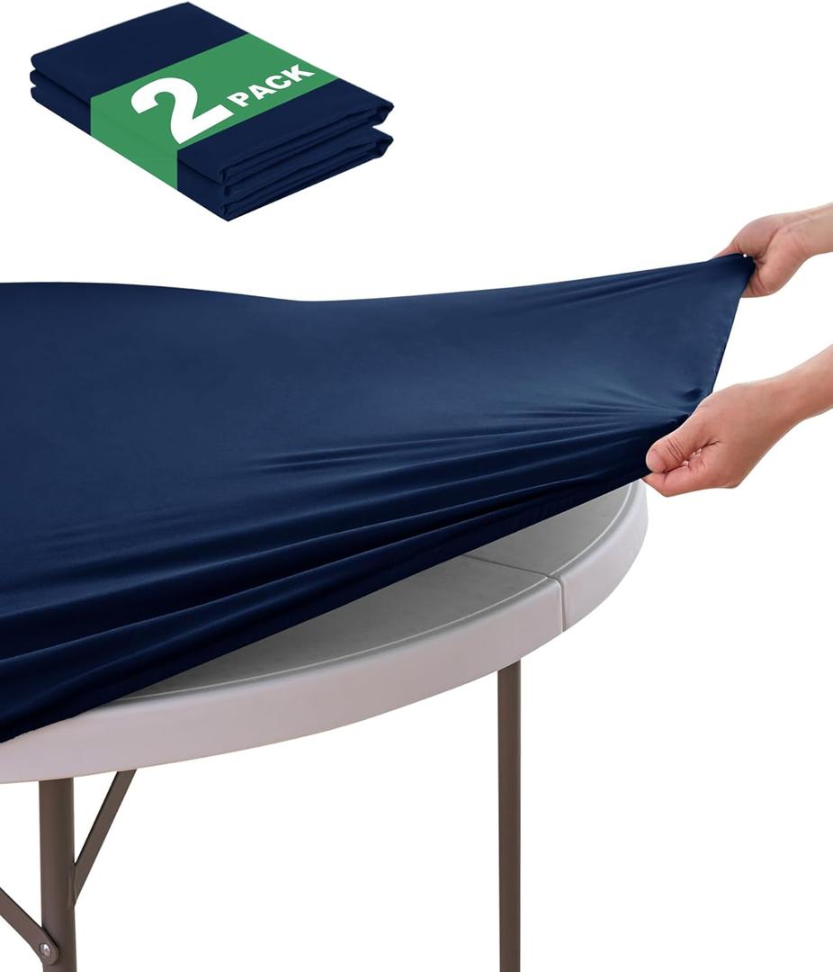 KeyWave Round Fitted Table Covers - 48-52 Inch Spandex Water-Resistant Tablecloth with Elastic, 2 Pack Circle Folding Tablecloths for Party Banquet Dining Room, Navy Blue