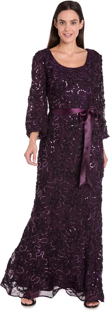 R&M Richards Women's Long Floral Soutache Sequin Lace Evening Gown W/Sheer Balloon Sleeves & Waist Tie, 6