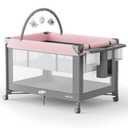 Pamo Babe Pack and Play - Travel Crib with Mattress, Easy Setup Small Portable Playpen for Babies, Lightweight Foldable Baby Playard with Lockable Wheels, Toy Arch & Large Storage Bag - Grey