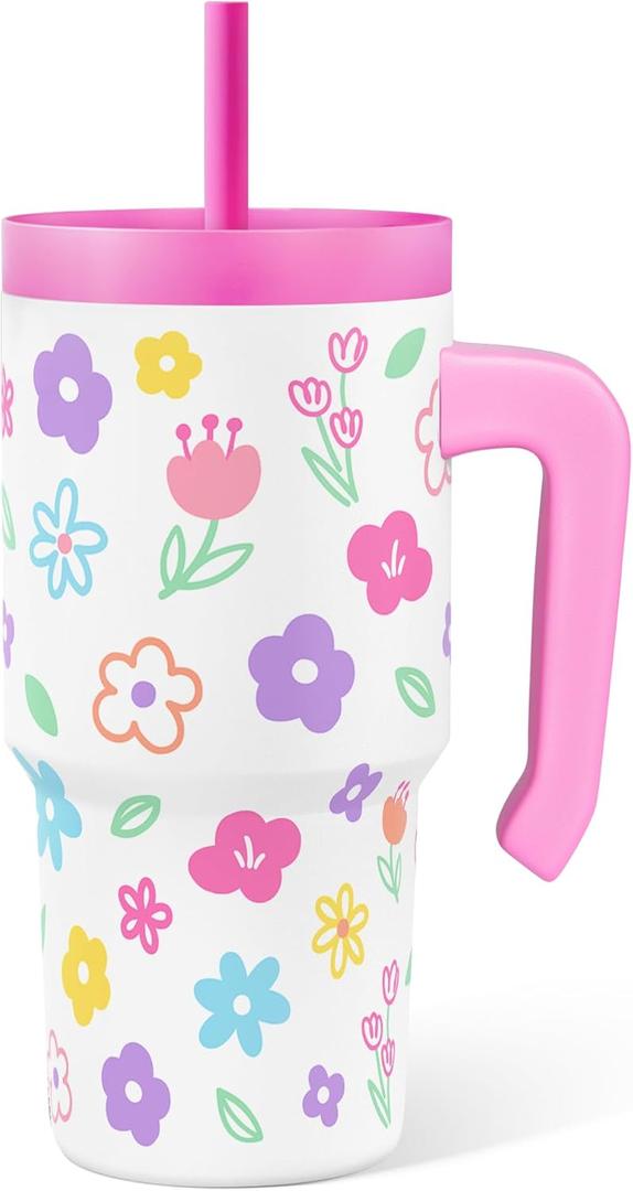 SANDJEST Floral Tumbler 20oz with Handle and Silicone Straw Lid for Kid, Insulated Stainless Steel Cup, Gift for Kids Girls, Gifts Idea for Birthday Christmas Back to School