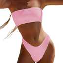 YIMISAN Women's Two Piece Bandeau Swimsuit Ribbed Strapless Tube Bikini Top with Mid Waist Cheeky Bottom Bathing Suit, Size: X-Small, Light Pink