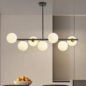 7 Lights Black Linear Globe Chandeliers, Mid Century Modern Chandelier with Milk Glass Shade for Dinning Room, Sputnik Ceiling Light Fixtures Over for Kitchen, Pendant Lights for Living Room