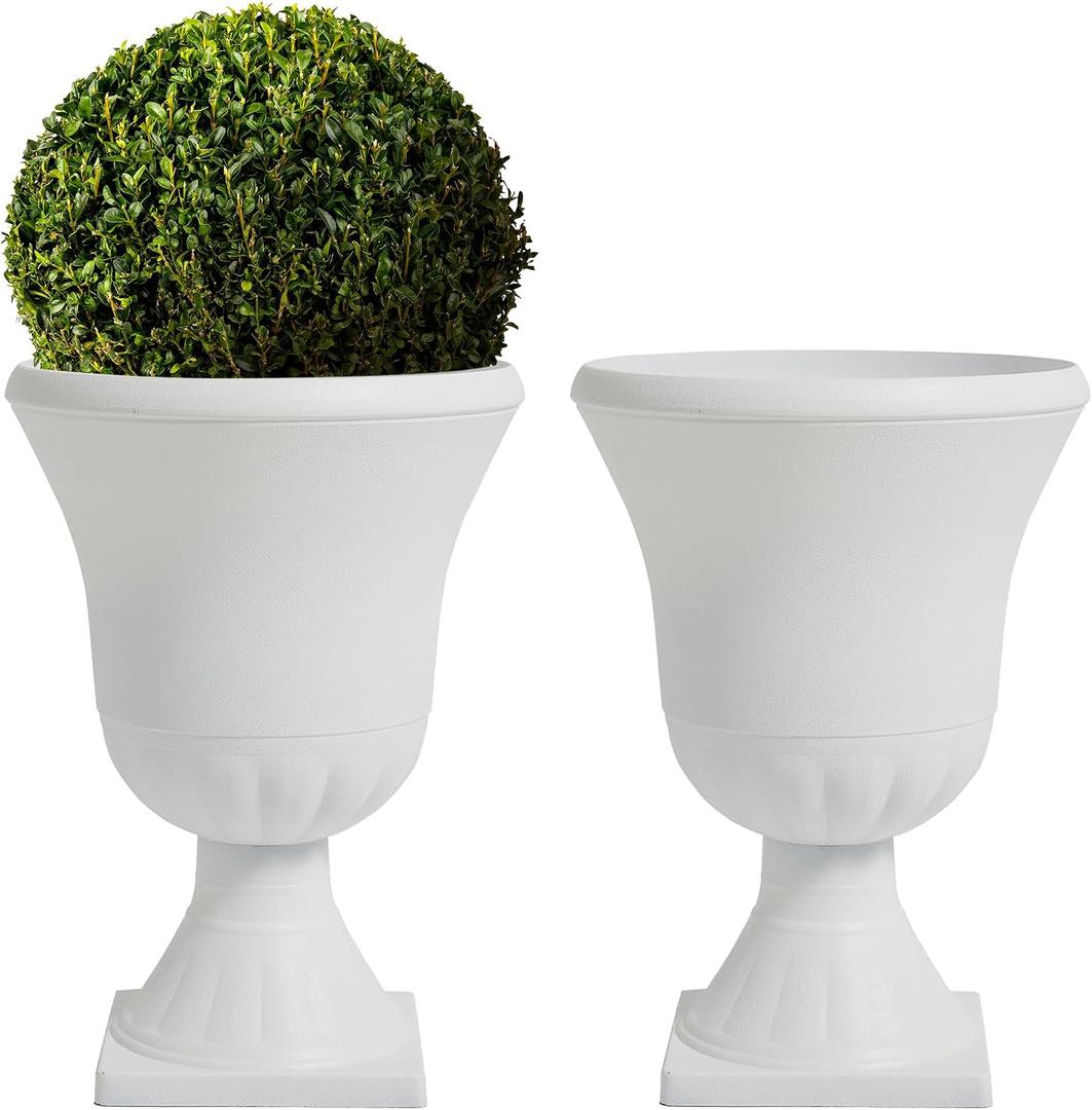 Worth Garden 2-Pack Plastic Urn Planters - 22'' Tall Round Classic Resin Flower Pots Pure White Traditional Large Plant Pots for Front Porch Patio Deck Wedding Decoration Pot - Indoor & Outdoor, 15'' Dia. x 22'' H