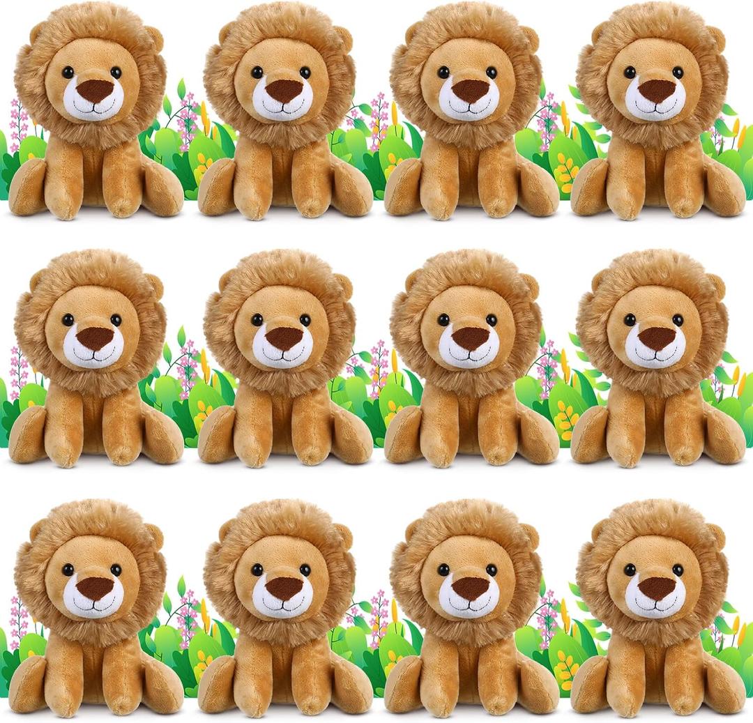 12 Pieces Lion Plush Set 6 Inches Cuddly Lion Stuffed Animal Soft Cuddly Plushie for Boys Girls Birthday Favors Gifts Forest Party Decor