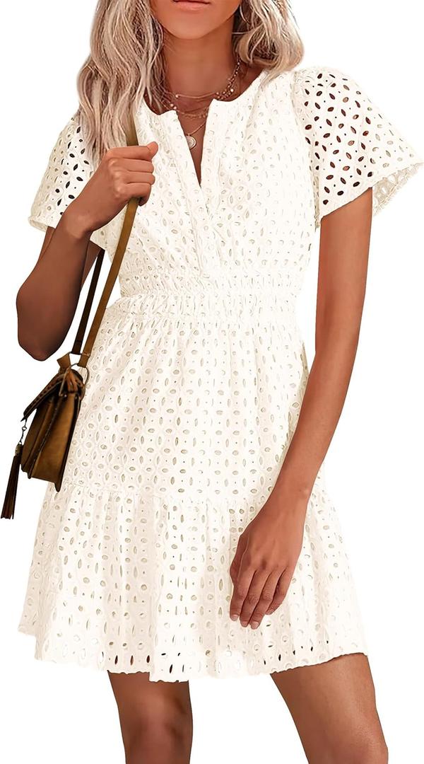 PRETTYGARDEN Womens 2026 Summer Short Dress V Neck Short Sleeve A Line Hollow Out Lace Cute Casual Beach Party Spring Dresses (White, L)