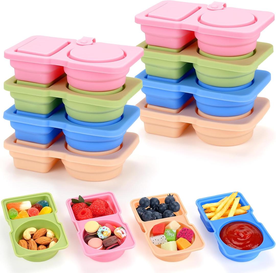 8 Pack Silicone Reusable Snack Containers with Lids - Mini Containers 2 Compartments, Portable Silicone Food Storage Box - for Kids& Adults, BPA-Free & Leakproof, Small for Snacks,School,Office,Picnic