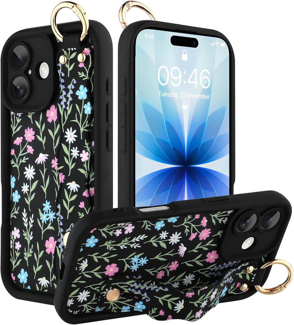 Compatible with iPhone 17 Case with Wrist Strap, Cute Floral Design for Women Girls, Soft TPU Silicone Case, Adjustable Wristband Kickstand Raised Camera Protection Cover, Black