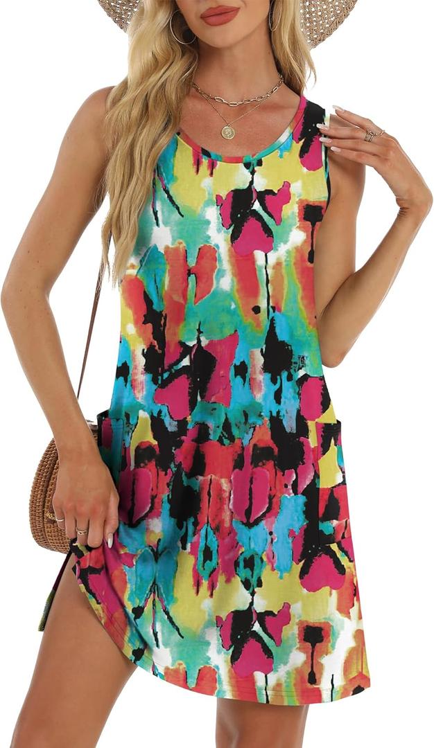 Coverup Summer Dresses for Women 2025 Eyelet Casual Loose Sleeveless Sundresses Tank Dresses with Pockets (Size Large, Floral Tie Dye)