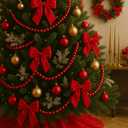 9 Pcs Christmas Tree Decorations 12 ft Christmas Wooden Bead Garland with 8 Pcs Velvet Bows Ribbon Wooden Beads Garland Ornaments for Xmas Tree Fence Fireplace Decorations (Burgundy)